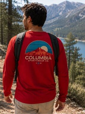 Columbia Men’s Red Long-Sleeve Graphic Tee with Mountain Logo